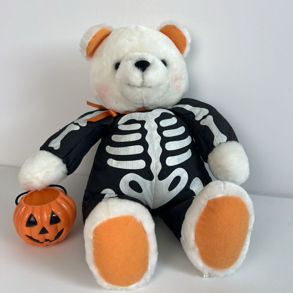Vtg Hallmark Halloween White Bear Plush Skeleton Costume 14" Pumpkin Bucket